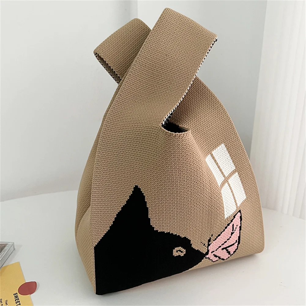 Cute Cartoon Handmade Knitted Handbag Tote Bag for Women Mini Knot Wrist Bag Japanese Casual Reusable Shopping Bags Dropship