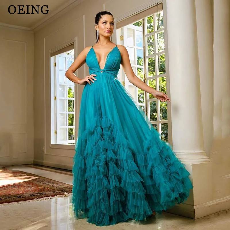 OEING Sexy Prom Dresses Simple Deep V Neck Backless Evening Dress Elegant Tulle Tiered Wedding Party Gowns Vestidos De Noche