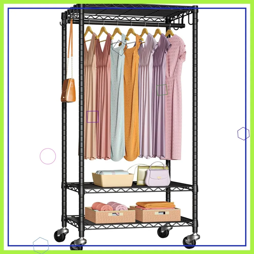 

Heavy Duty Rolling Clothes Rack with Wheels, Adjustable Shelves, Max Load 370 LBS, Portable Garment Rack for Home & Store