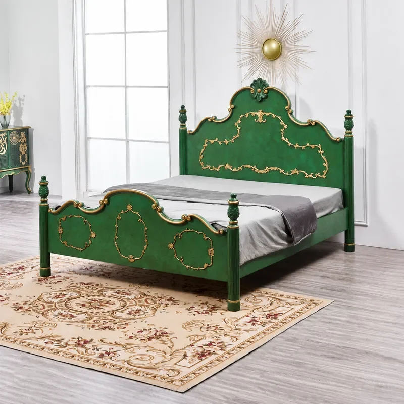Gold Emerald American Solid Wood Bed Retro Double Queen Size Master Bedroom French Luxury Style with Bedside Table Wholesale