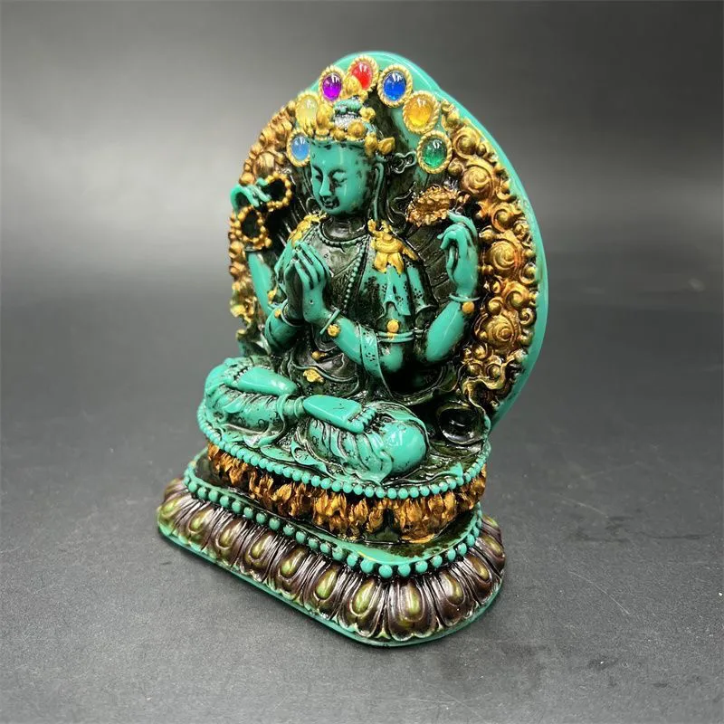 Vintage Patina Nepali Tibetan Four-Armed Guanyin Statue Turquoise Inlaid Painted Collectible Worship Decor
