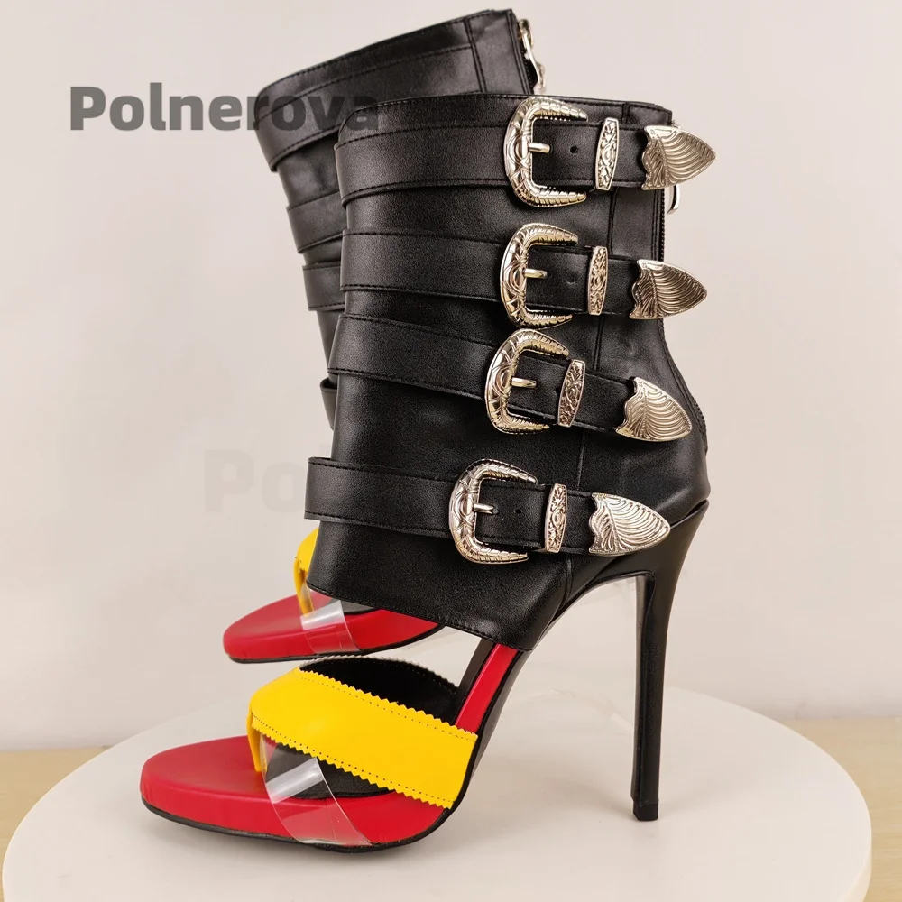 

Metal Buckle High Heel Ankle Boot Women Open Toe Flip Flop Stiletto Heel Back Zipper Color Block Ladies Shoes Summer Sandals