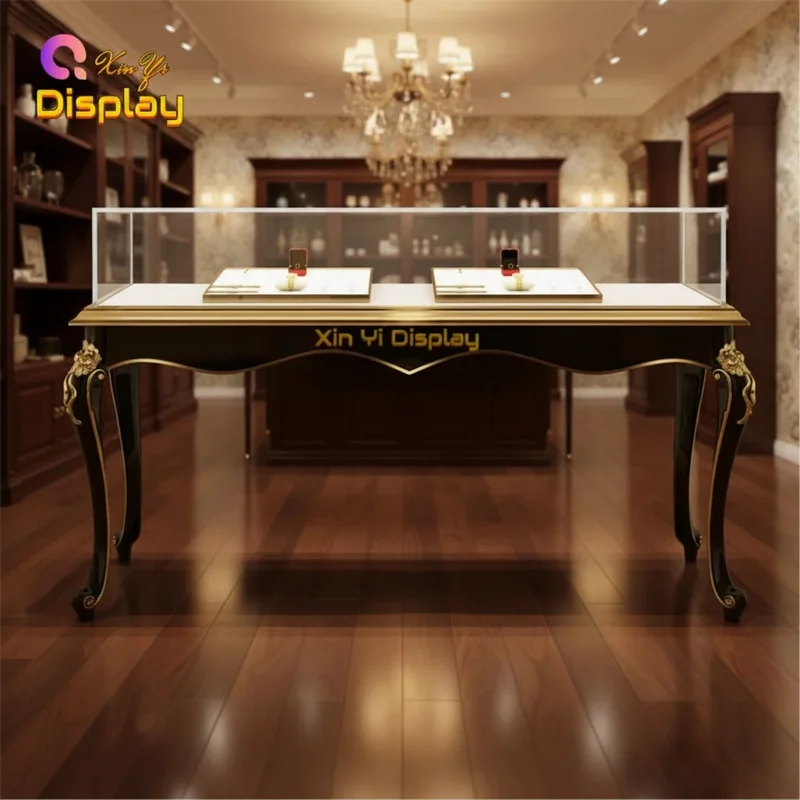 custom.Luxury Stainless Steel Jewelry Display-Elegant Glass Counter LED Lighting Custom Retail Shopping