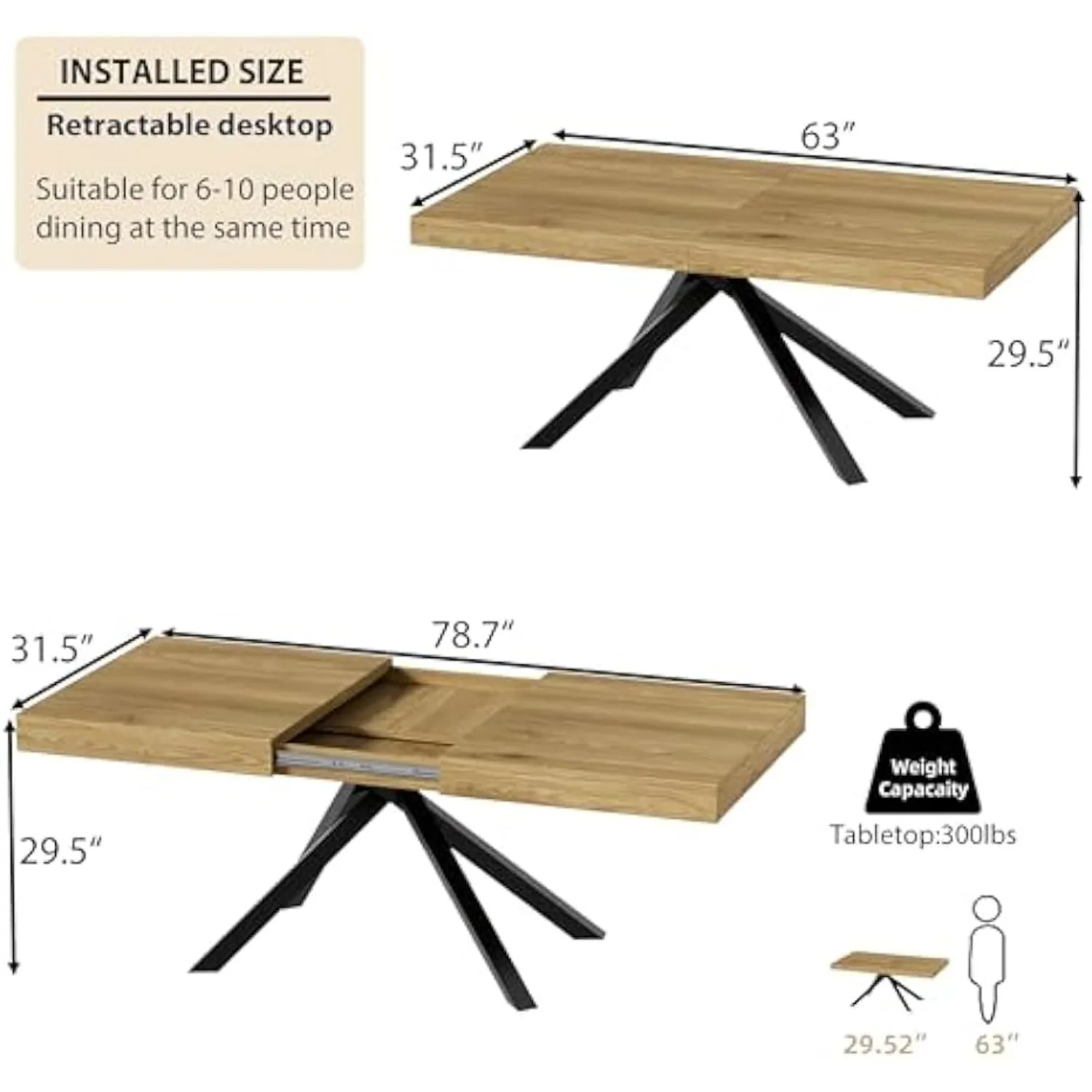 63''-79'' Large Extendable Dining Room Table for 4 6 8 People,Farmhouse Expandable Dining Table with Crossed Legsal