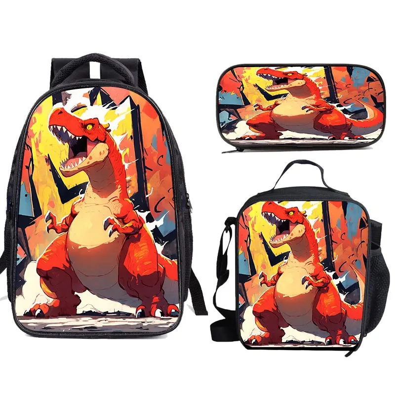 Three piece dinosaur backpack, meal bag, large capacity pencil case, leisure cartoon for primary and secondary school students