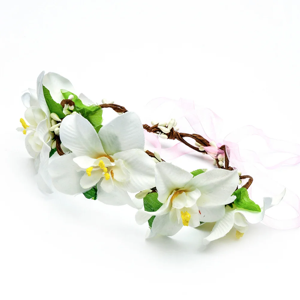 Lily Flower Headband Adjustable Ribbon Bridal Floral Crown Hair Wreath Headdress Bohemian Garland for Wedding Party