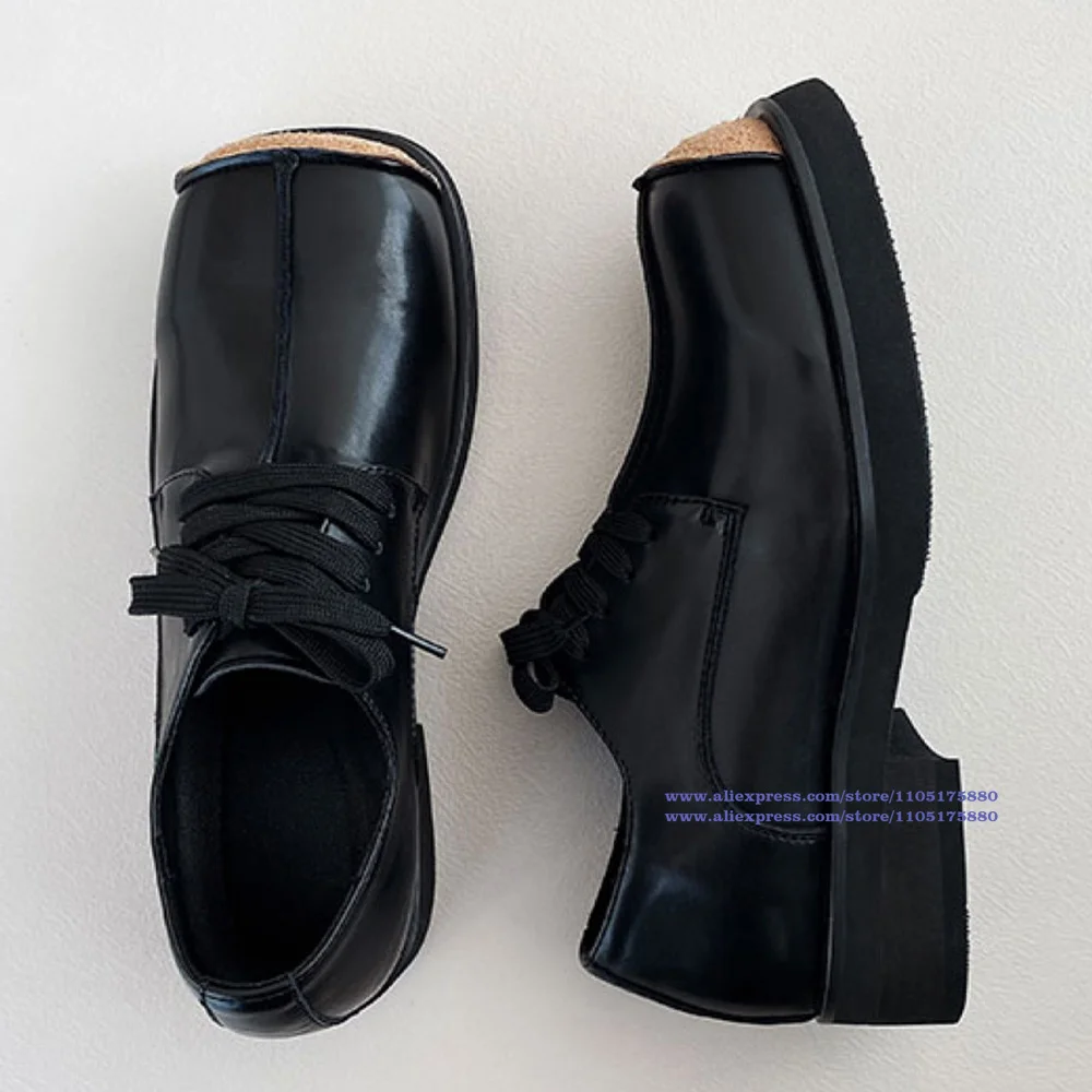 أحذية ديربي بمقدمة مربعة من الجلد الأسود أحذية برباط للرجال على الطراز البريطاني القديم أحذية رجالية عصرية فاخرة ذات نعل سميك