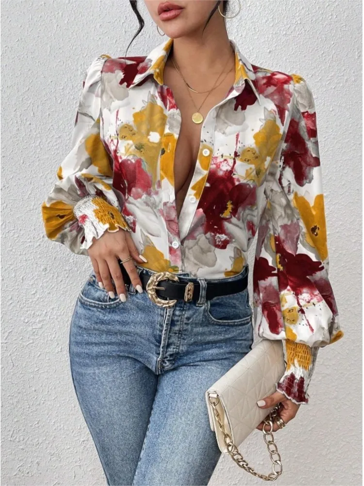

Fashionable Bubble Sleeve Shirt For Women's Autumn And Winter New Collection, Flip Collar Long Sleeve Loose Printed Shirt