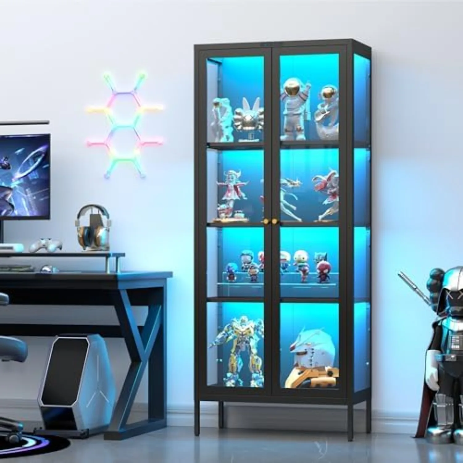 Display Cabinet with Glass Doors, Glass Display Cabinet with 8 Color LED Lights, Curio Display Cabinet with 3 Shelves view 3