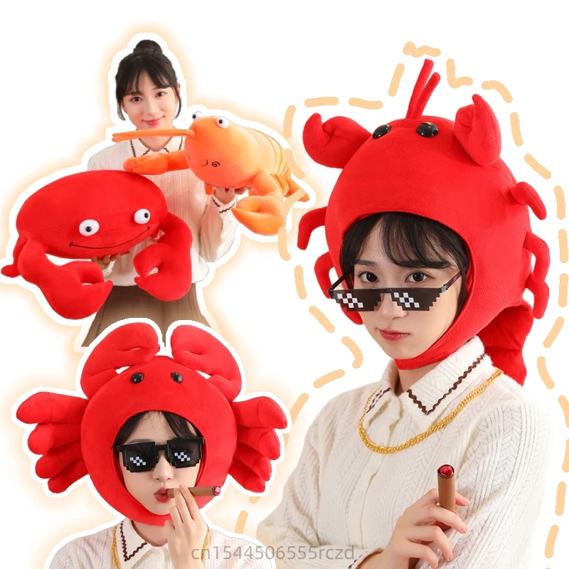 Cartoon Crab Lobster Sea Creature Plush Doll Pillow Hat Creative Red Orange Super Soft Animal Plush Hat Gift For Boys And Girls