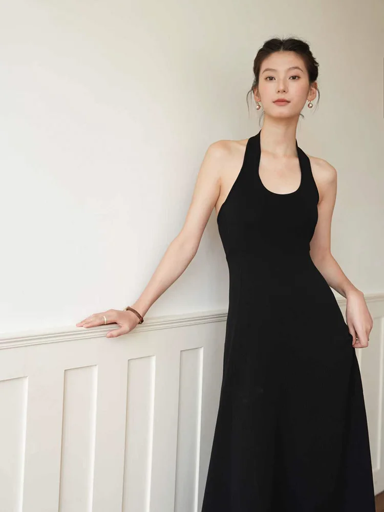 

Black Off-Shoulder Sleeveless Knitted Dress Women's A-Line Midi Dress High Waist Ice Linen Fabric Medium Stretch Summer Dress