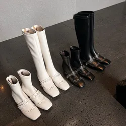 Arden Furtado Cowhide Rivet Knee high boots Square-head Back zipper Middle heel Modern boots Fashion Large size Skinny boots