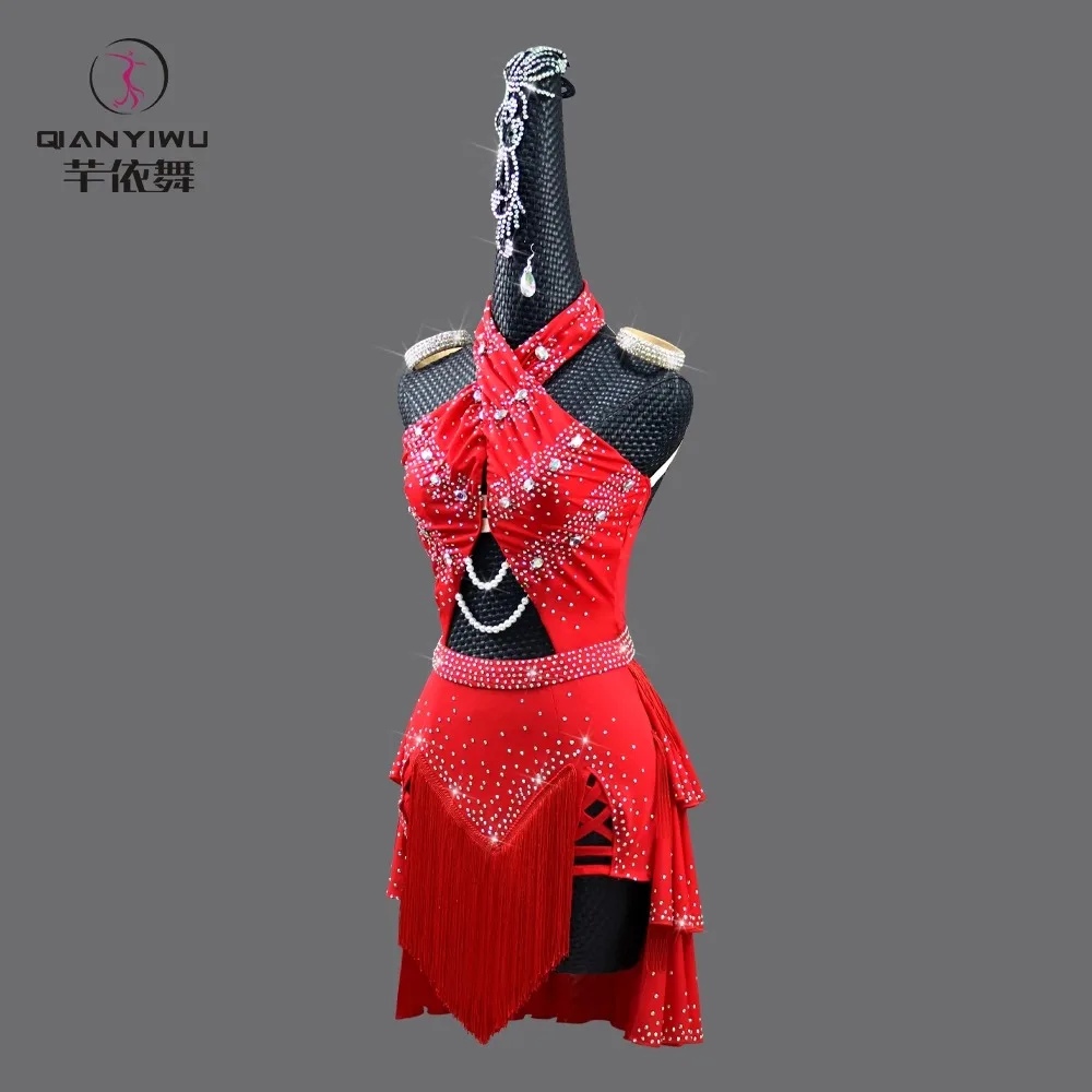 2026Red Latin Dance Clothes Line Costume Sexy Party Dress Competition Sports Suit Midi Ball Prom Stage Outfit Girl Skirt Parties
