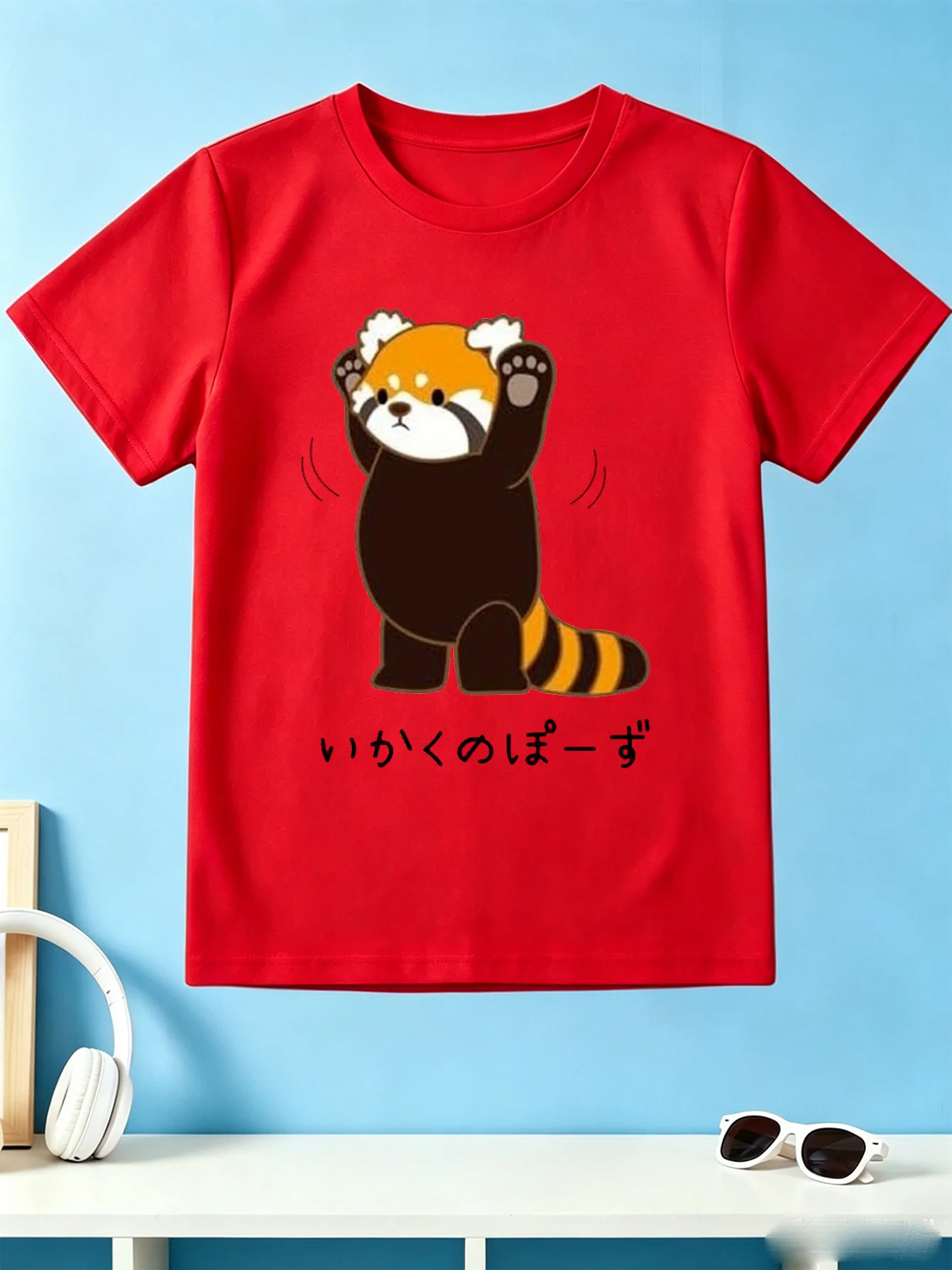 Cute Cartoon Red Panda With Japanese Text Animal Graphic Print T Shirt Family Matching Boys Girls Kids Short Sleeve Daily Tees