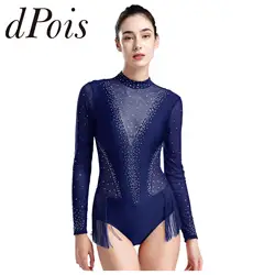 Womens Long Sleeve Tassel Bodysuit Ballet Gymnastics Skating Jumpsuit Femme Rhinestones Sheer Mesh Fringed Latin Dance Leotard