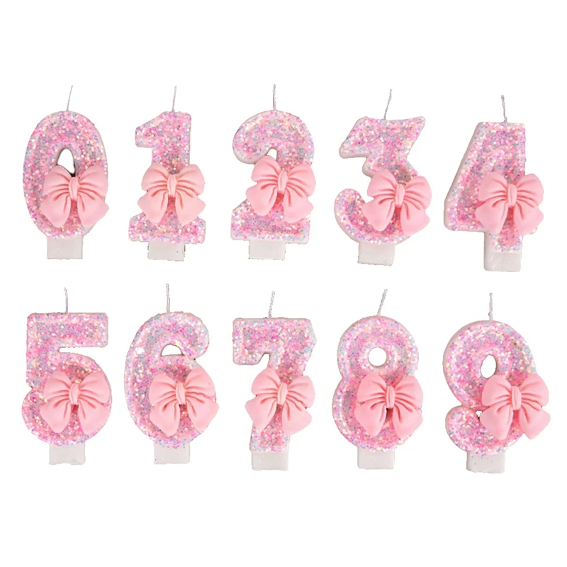 Number Cake Decorating Candles Cute Pink Bow Baby Girl Birthday Cake Topper Decoration Party Supplies 0-9 Digital Candle