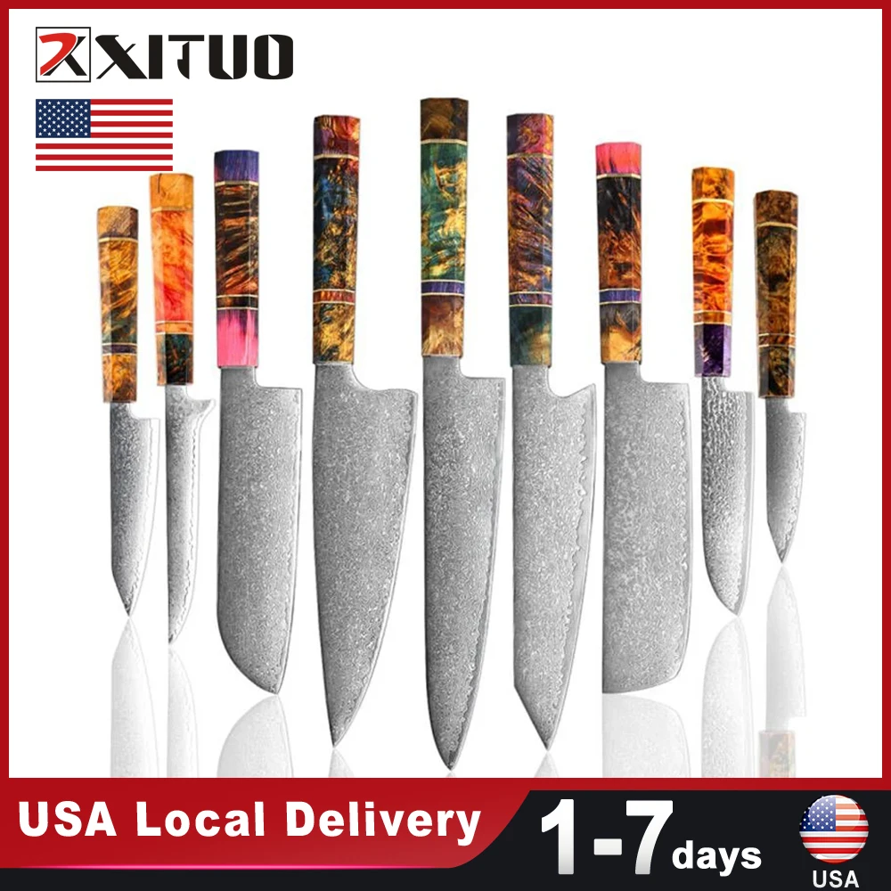 USA Warehouse Fast Shipping Damascus Steel 9PC Knives set Colorful Wooden Handle Kitchen Stainless Steel Sharp Tool Chef's Knife