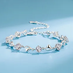 Pulsera de plata de ley 925 con circonita blanca para mujer, brazalete de cadena ajustable con corazón hueco, diseño de lujo, joyería Original