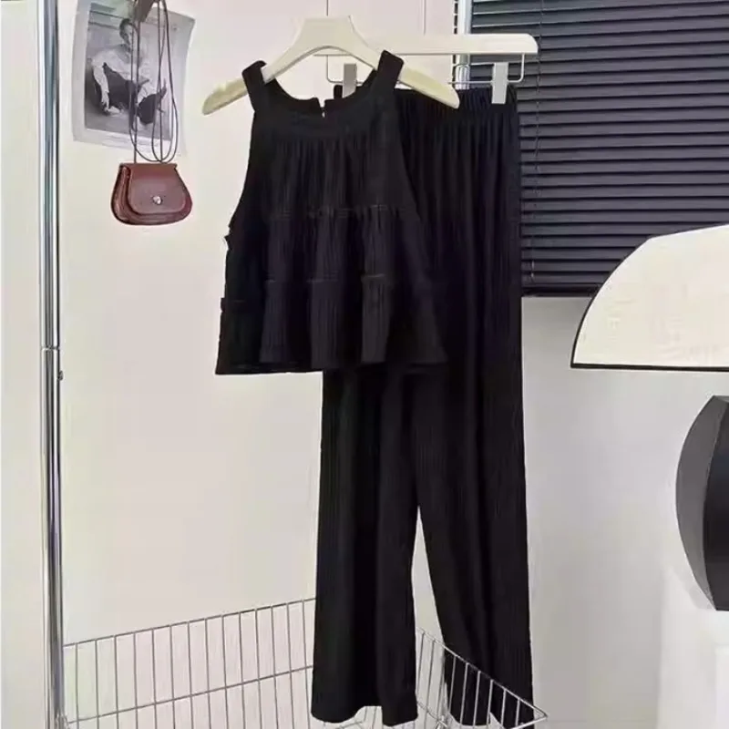 Sexy Off Shoulder Women's Shirt 2pcs Suits Loose Korean Leisure Style O-Neck Sleeveless Pullover Shirt High Waist Wide Leg Pants