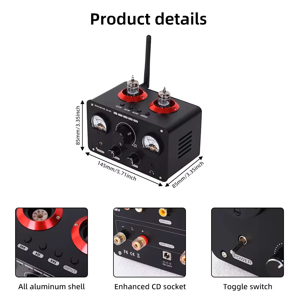 PJ. MIAOLAI SA-90 NE5532 Bluetooth Amplifier GE5654 Tube Power Amplifier 80W×2 USB RCA HiFi Headset Amplifier With Dual VU Meter