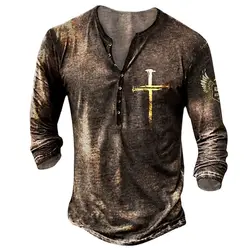 Vintage Jesus Christ V-neck Henley Shirt 3d Crucifix Long Sleeve T Shirt For Men Oversized Tops Tee Shirt Man Punk Streetwear