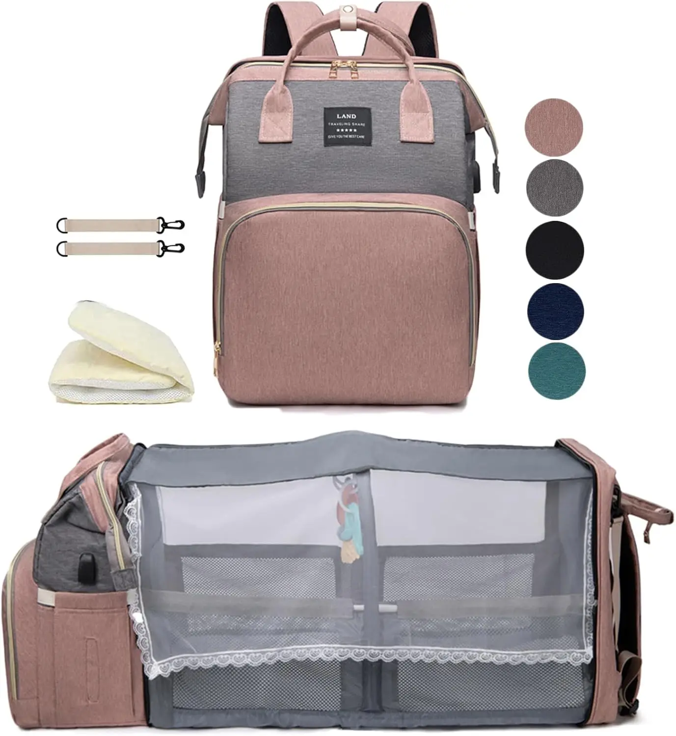 

Pink Diaper Backpack with Changing Station: Large Travel Bag for Babies, Toddlers, and Moms