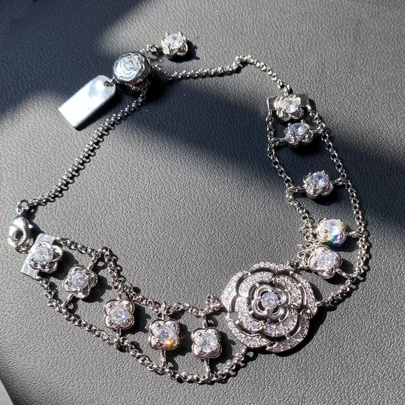 

MDLFES Moissan Diamond Style Small fragrance style camellia bracelet light luxury niche high design rose anklet