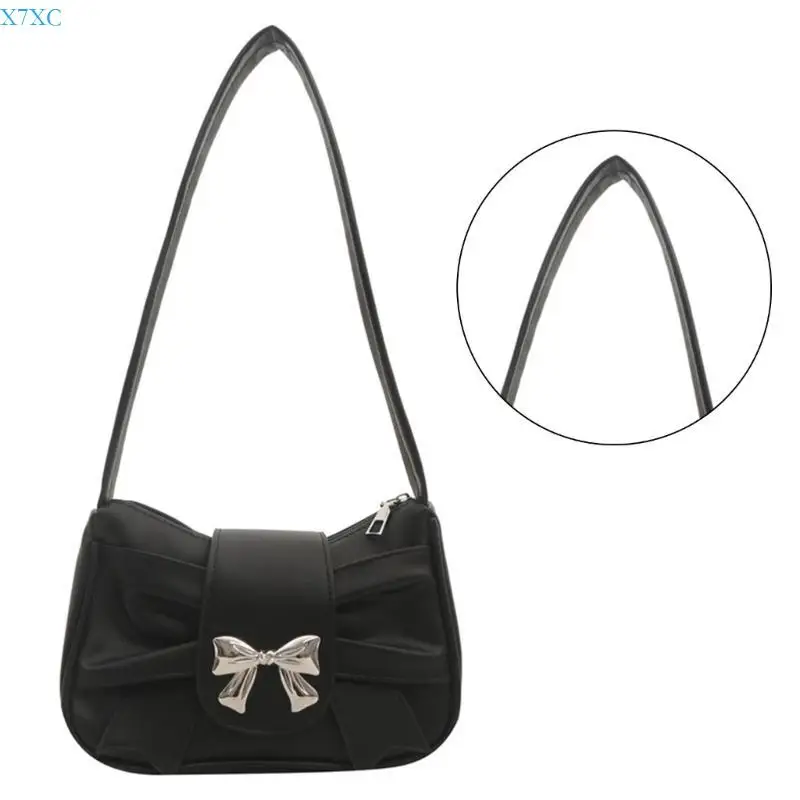 

X7XC Women Underarm Bag Pleated Armpit Bag PU Leather Shoulder Bag Bow Handbag