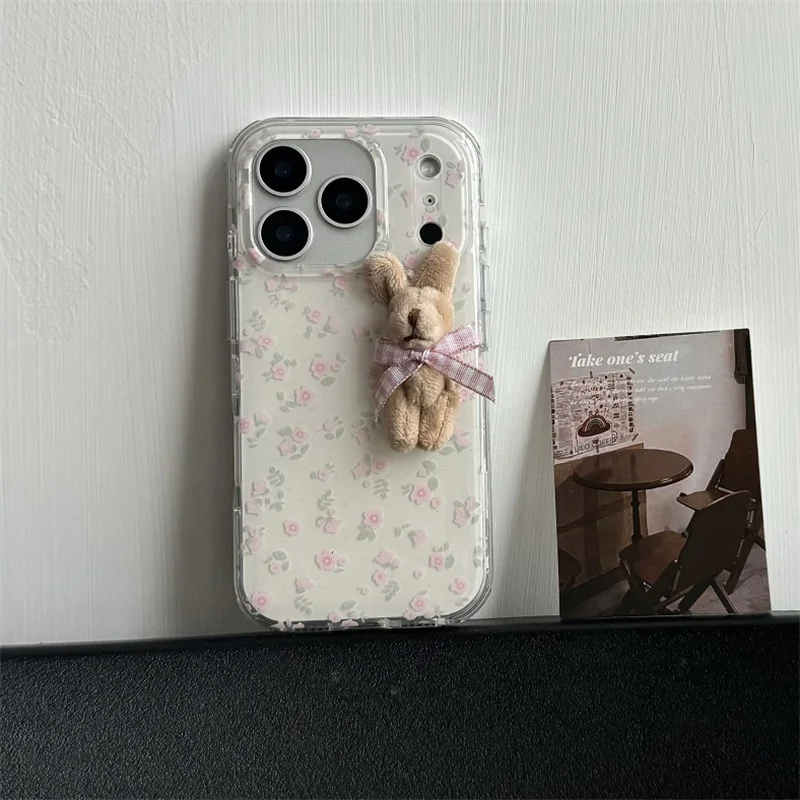 

Korean Cute Flower 3D Plush Rabbit Phone Case For iPhone 17 Pro 14 15 16 Pro Max Cover Shockproof Protective Cases Lovely Capa
