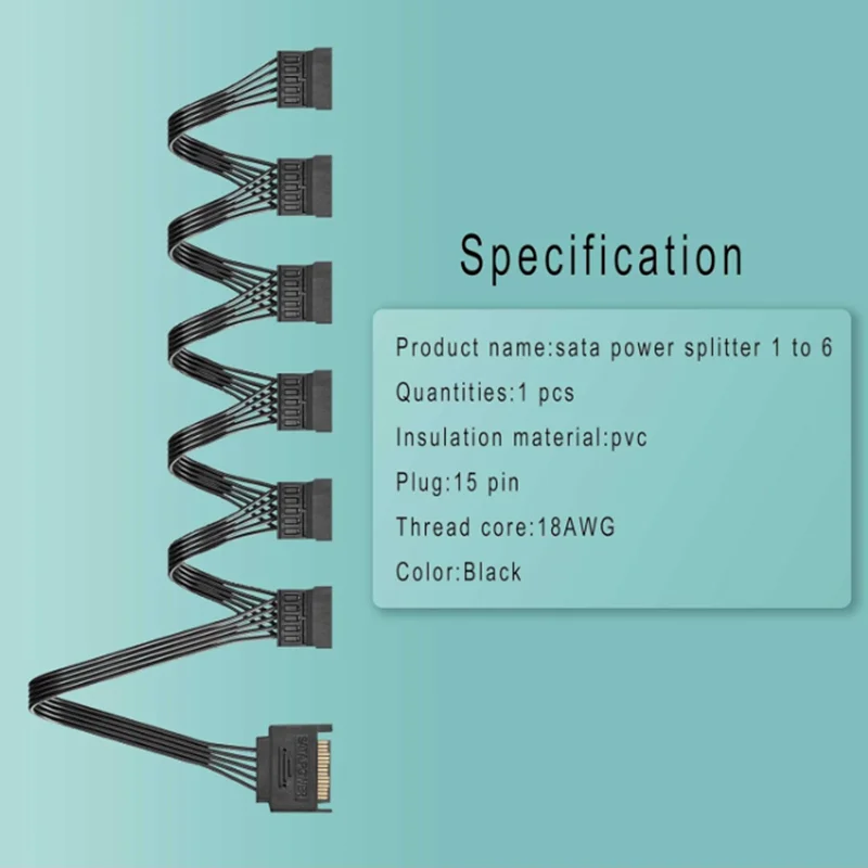 1 to 1/2/3/4/5/6 SATA 15 Pin Male to Female Power Cable Splitter Powers up to 6 Hard Disk Drive, SSD, Optical Drives