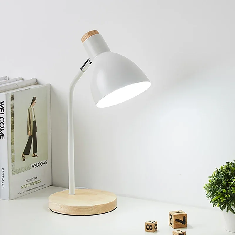 Lámpara de mesa creativa de madera, luz de escritorio nórdica flexible, arte, luces LED simples E27/protección ocular, lectura y sala de estar,