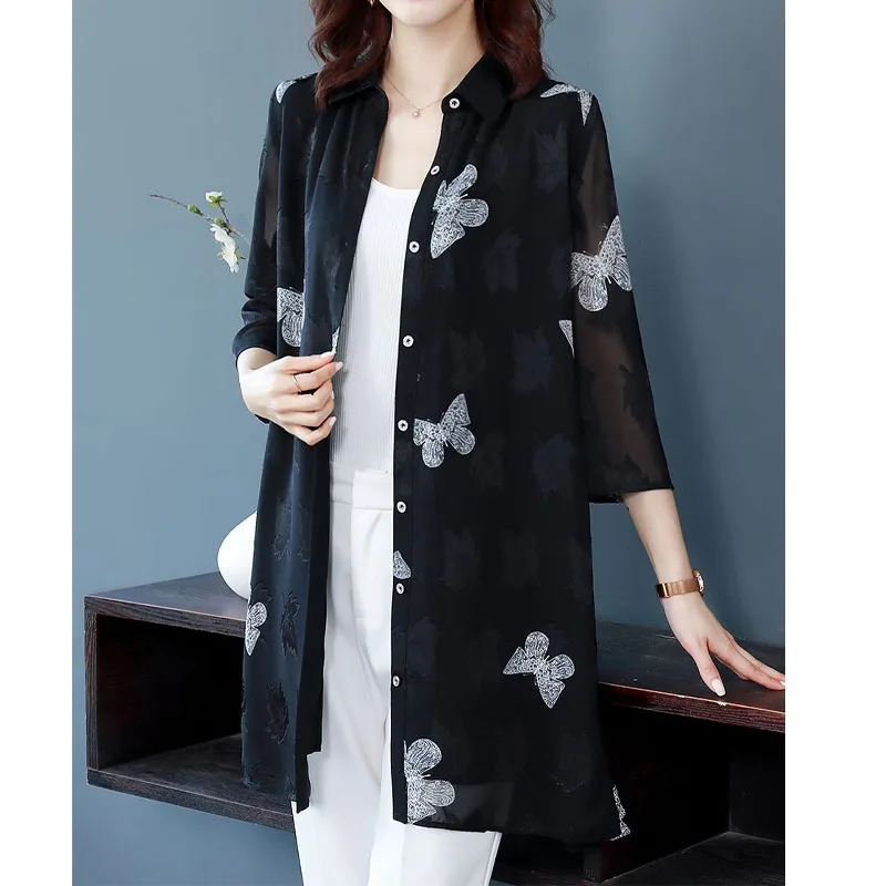 Fashion Women\'s Casual Printed Spliced Chiffon Shirt Summer Korean All-match 3/4 Sleeve Single-breasted Blouse Female Clothing