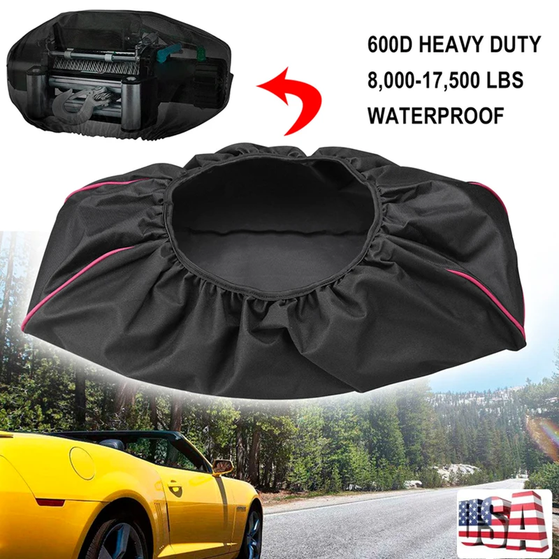 Black Thick Waterproof Soft Winch Dust Capstan Cover 600D Driver Recovery 8000-17500 lbs Trailer SUVs 56*23*19cm