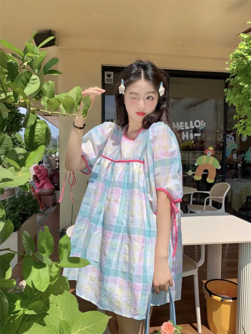 

Korean Summer Maternity Sweet Colorful Plaid Dress Ribbon Puff Sleeve O-Neck Pregnant Woman Mini Dress Short Lady A-Line Dresses