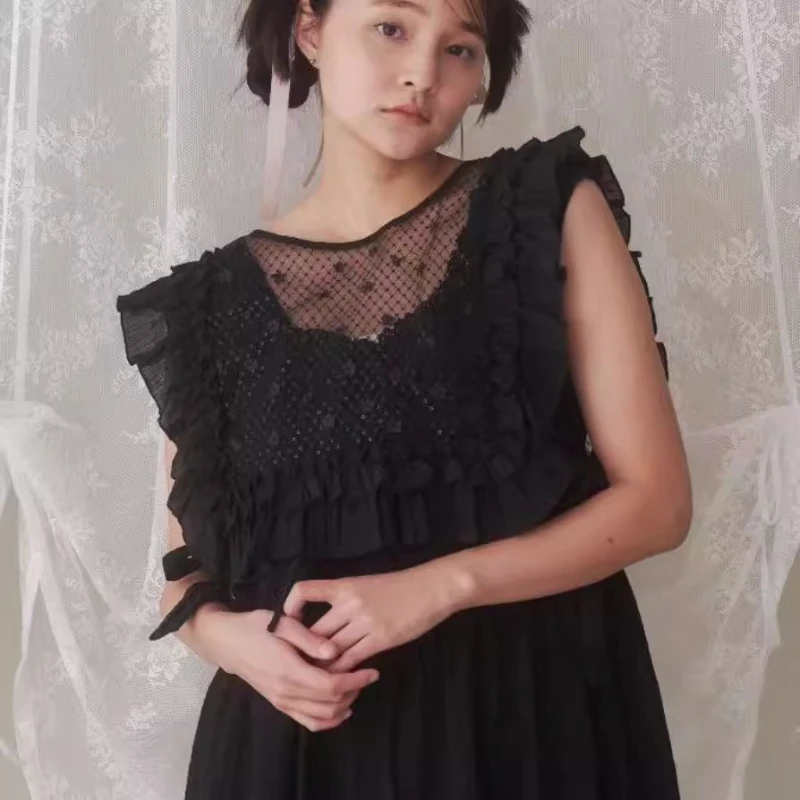 Japanese Design Shiny Flower Print Two-Piece Women's clothing Spring Autumn Lace Hollow Out Versatile Pullover Waistcoat Ladies