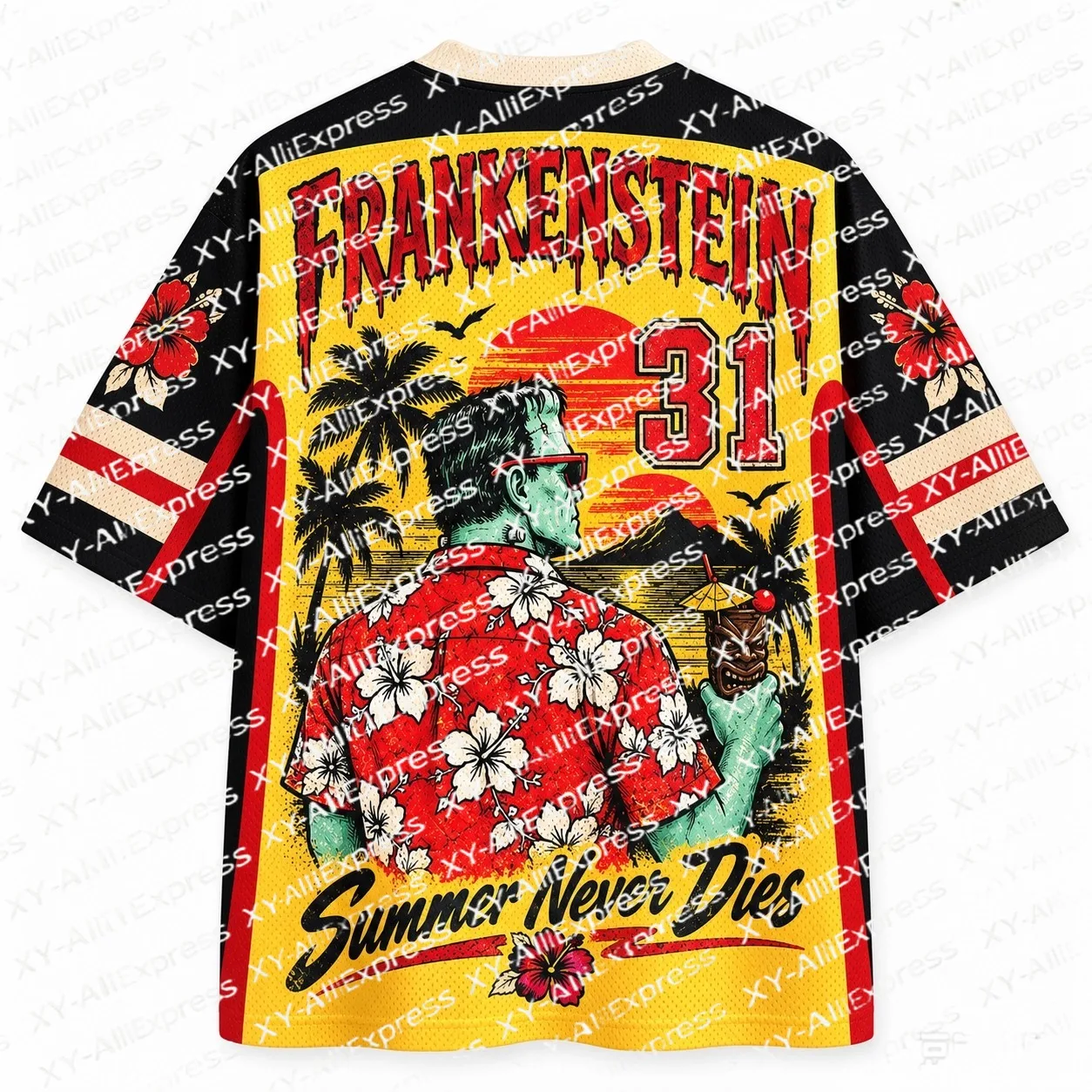 Men's Vintage Tropical Monster T-Shirt Retro Hibiscus Palm Sunset Number 31 Print Quick Dry Breathable Casual Streetwear