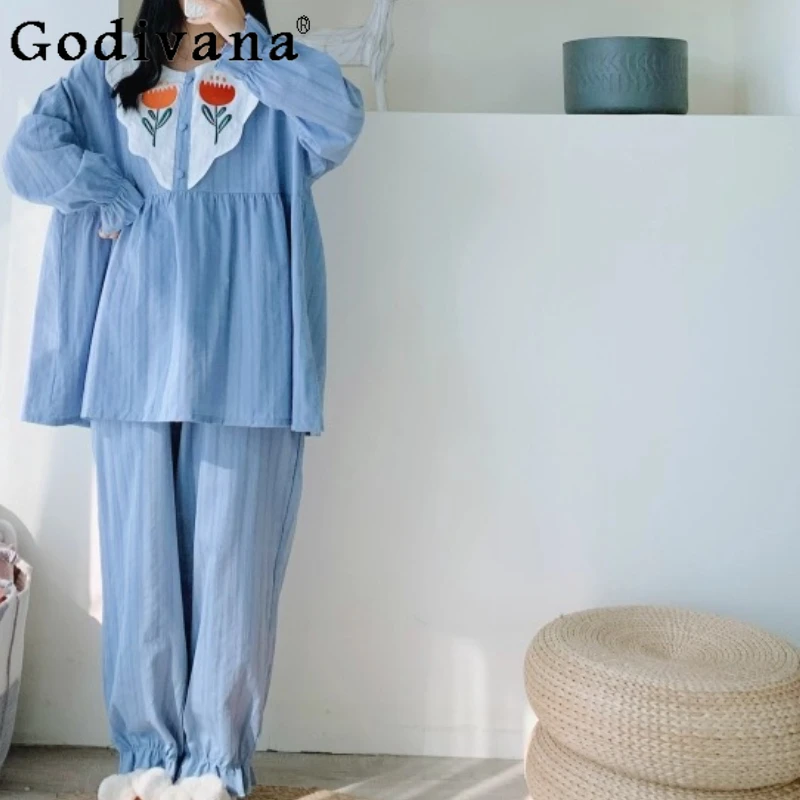 

Washed Woven Cotton XL-4XL Long Sleeve Pants Two-piece Pajamas Girl Spring Autumn Loose Peter Pan Collar Flower Sweet Loungewear