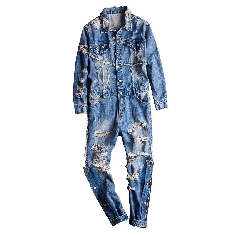 

2023 Men's Denim Jumpsuit Hip Hop Street Dress Perforated Jeans Fashion Loose Personality Pants