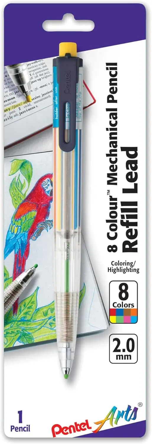 

8-Color Automatic Pencil with 2.0mm Leads, Assorted Clip Colors, Portable for Highlighting & Sketching