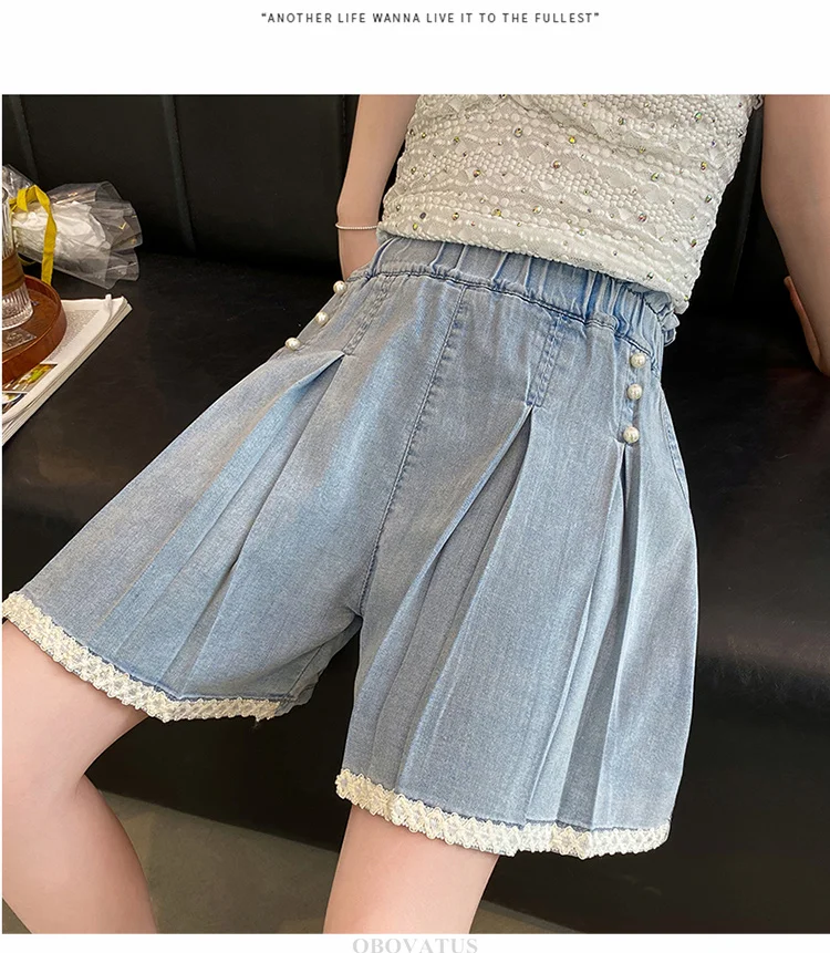 Sommer-Jeansshorts für Kinder mit Spitze am Saum, für Mädchen, elegante, plissierte Mini-Jeansshorts mit Perlen, Größe 5, 7, 9, 11, 13, 14 Jahre. – Detail 2