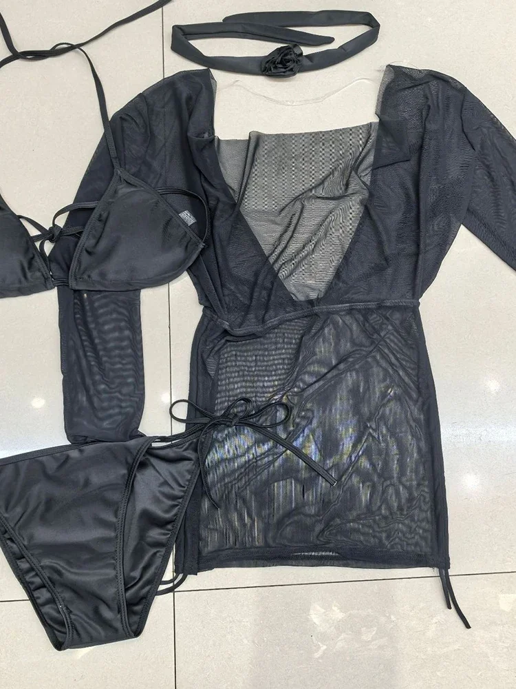 OIINAA Black Swimsuit Women Neck-mounted Lace Up Bikini Set Long Sleeve Mesh Cover-Ups Wrap Skirt Summer 2025 Korean Beachwear
