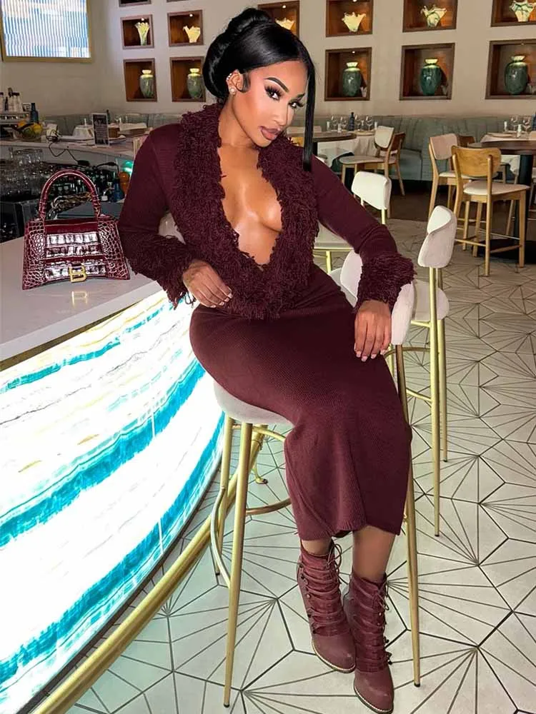 BKQU 패치 워크 태슬 니트 맥시 드레스 여성 딥 브이넥 섹시한 바디콘 긴 소매 가을 겨울 스웨터 드레스 우아한 가운