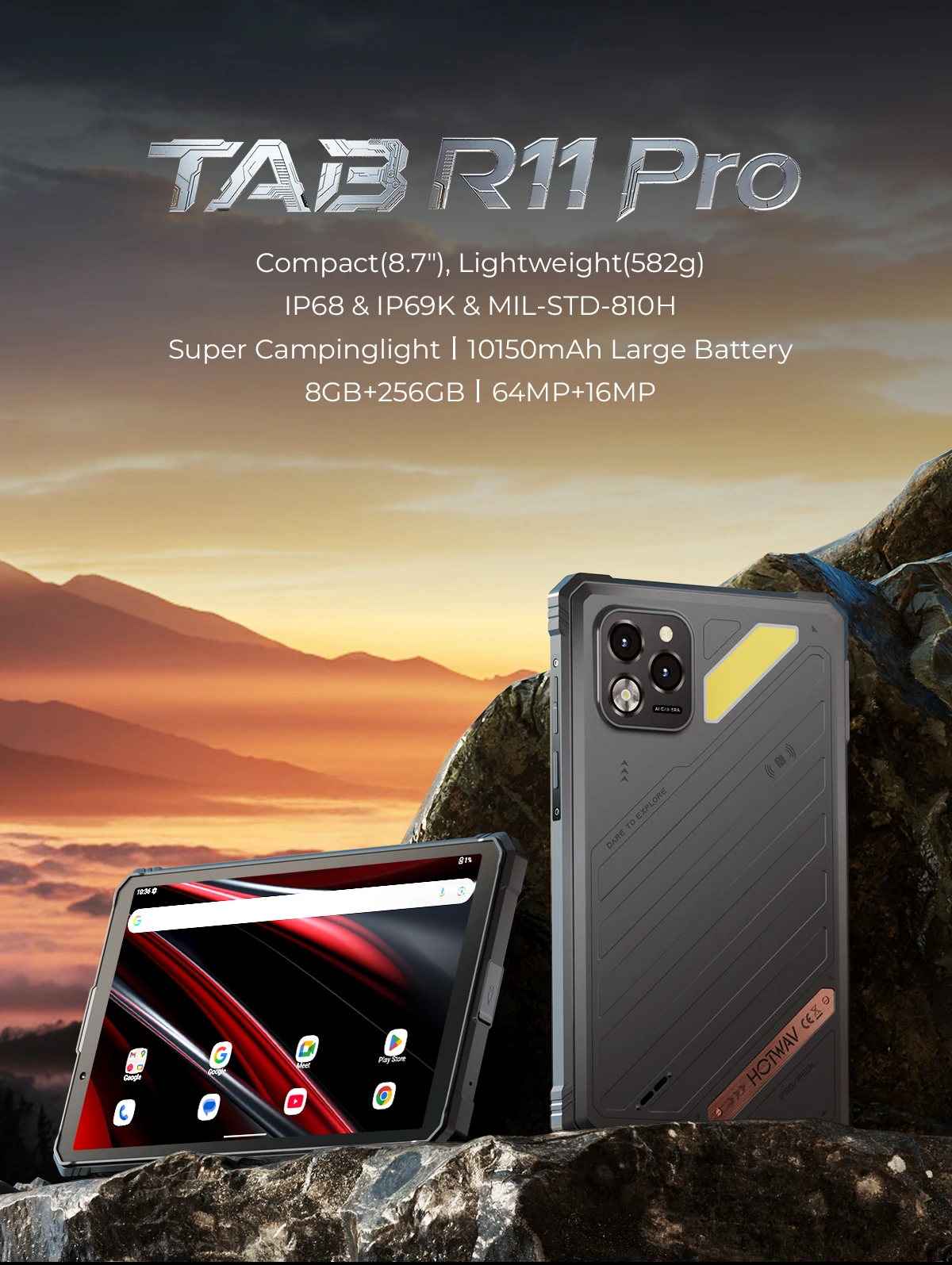 HOTWAV R11 Pro Octa-core Rugged Tablet 8.7'' HD 120Hz Display Lightweight 10150mAh Massive Battery 20W Fast Charging Shock-proof Waterproof Pad 8GB RAM+16GB Expansion 256GB ROM 64MP 16MP Camera Android 16 OS Tablet PC 1080P Global Dual 4G With Stylus Pen