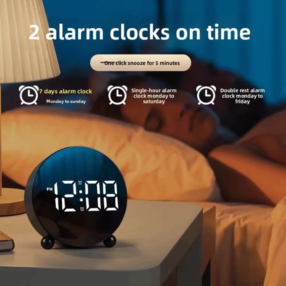 Digital LED Desktop Alarm Clock 2 Alarms Setting, Mute Electronic Adjustable Brightness Plastic Table  for Home Bedroom Travel