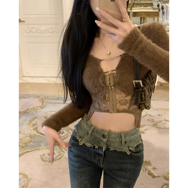 2023 Winter for Women Korean Style Retro Warm Soft Cashmere Sweater Cardigan with Lace Tank 2 Pieces Sets Long-sleeved Tops