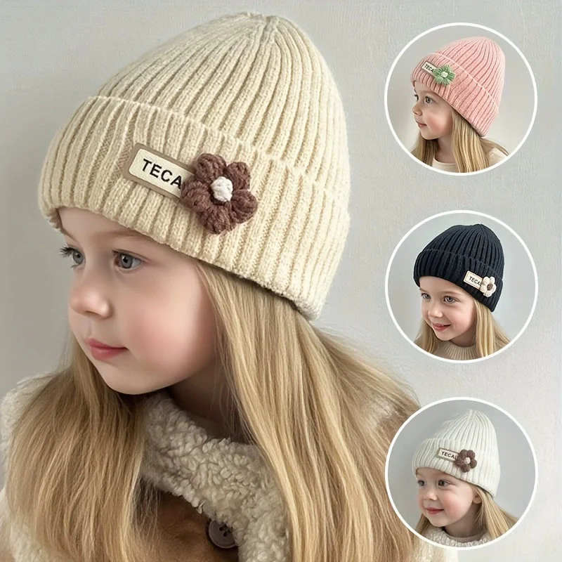 Cute Flower Print Baby Knit Hat Winter Warm Knitted Beanie Cap for Infant Girls Korean Toddler Children Cap