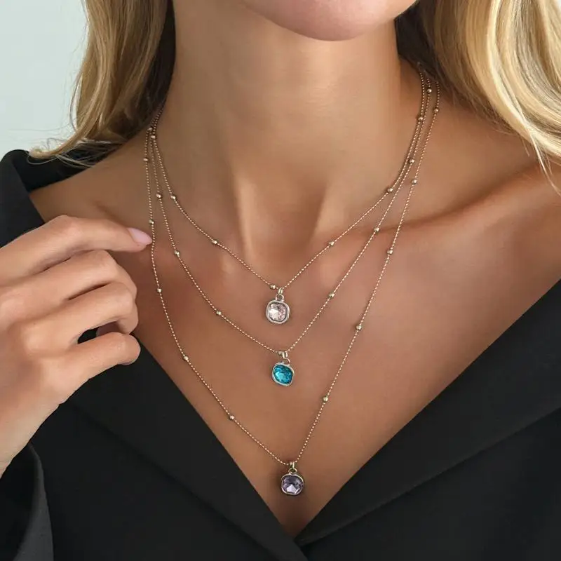 1/2Pcs Fashionable INS Square Gemstone Sparkling Pendant Necklace/earrings/bracelet, Fashionable Metal Multi-layer Round Bead