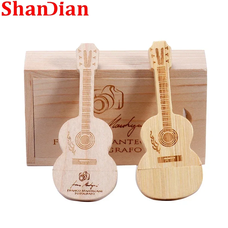 Creative Gifts Guitar USB 2.0 Flash Drive Free Custom Log Pen Drive Real Capacity Wooden Memory Stick 64GB/32GB/16GB/8GB U Disk