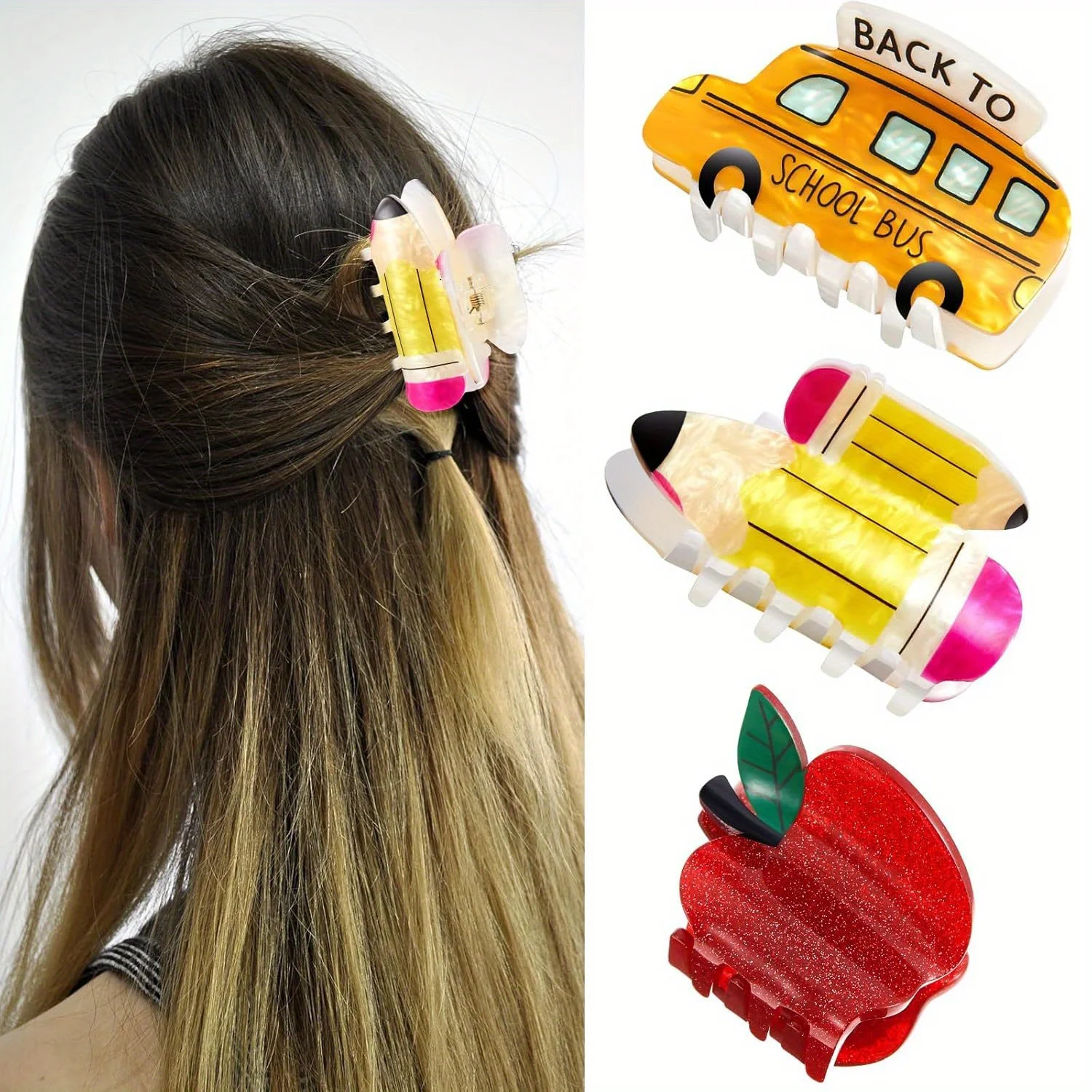 3-teiliges Set, lustiges Grip-Clip-Set im Campus-Stil, Bleistift, Schulbus, Apfelform, Haarnadel, Mädchen, Herzfarbe, Rückseite, Haarspange, Kopfbedeckung – Detail 2