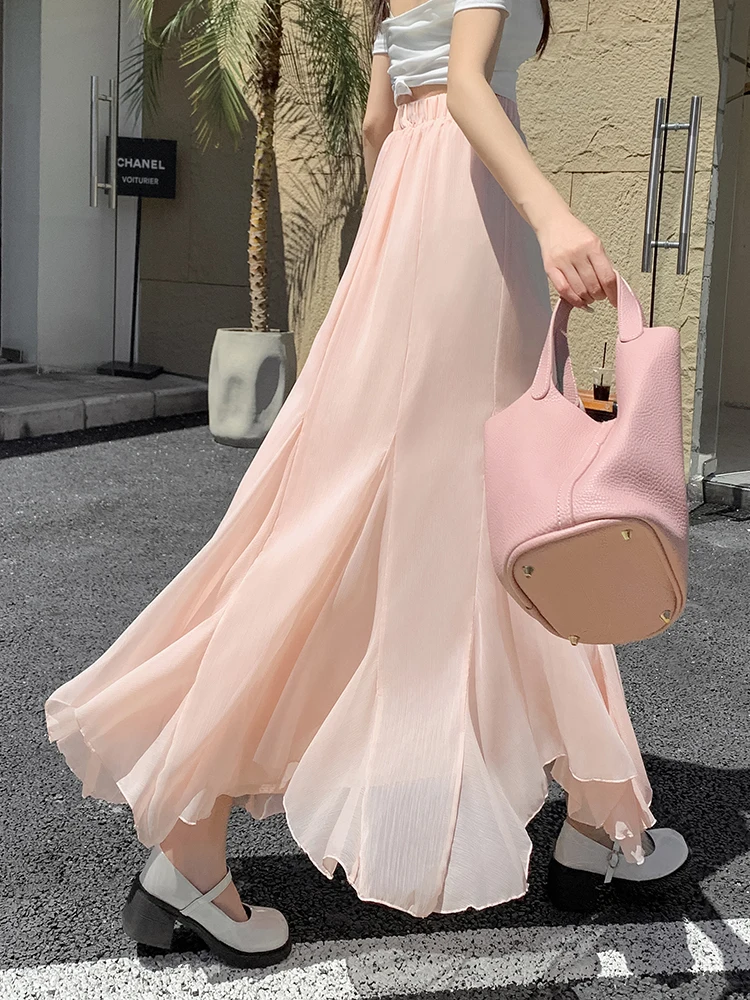 Kawaii Girls Mesh Skirts Korean Fashion Elastic Waist Black Beige Pink Summer Long Skirts with Liner High Waist Maxi Skirt Women